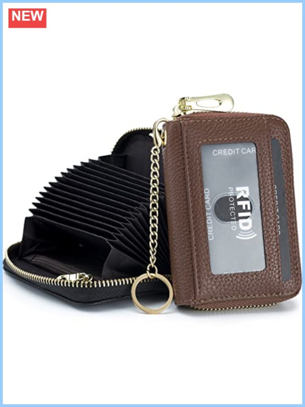 Genuine Leather RFID Card Holder Wallet with Keychain & ID Window